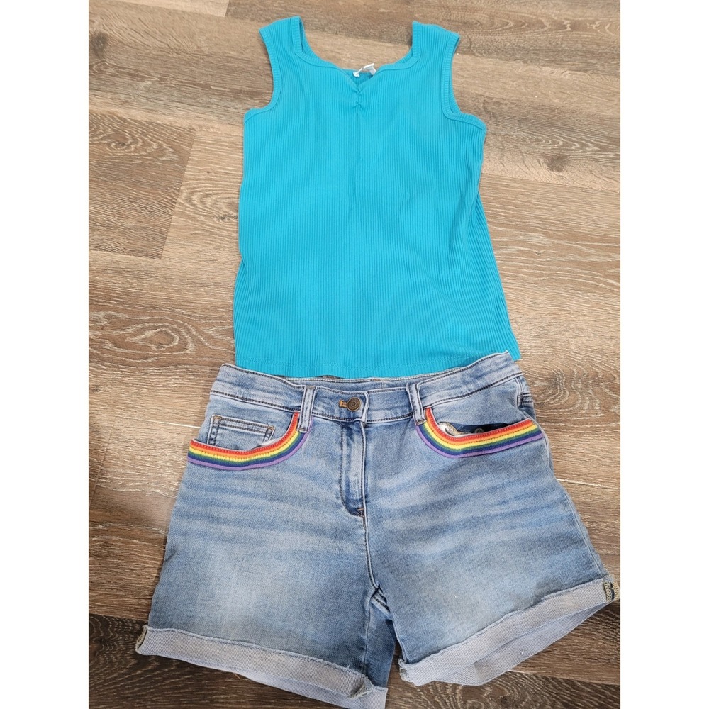 Girls Dip Turquoise Ribbed Tank & Crewcuts Rainbow Denim Shorts Set Size 14 #7